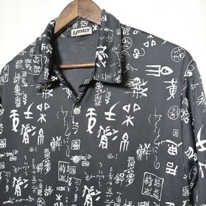 YMLA Men Black White Calligraphy Script Print Short Sleeve Button Down Shirt - L